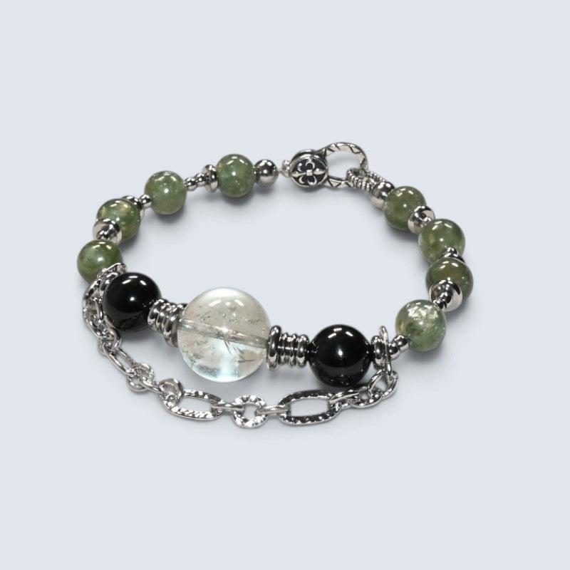 Green Crystal Charm + Green Lithium Mica w/ Hypersthene Bangle