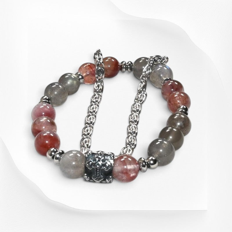 Silver Chrome Heart Cross Charm + Auralite 23 w/ Labradorite Bracelet