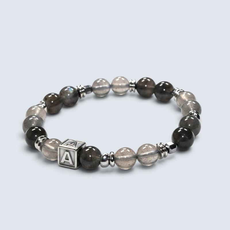 Letter A | Grey Moonstone & Black Auralite Bracelet