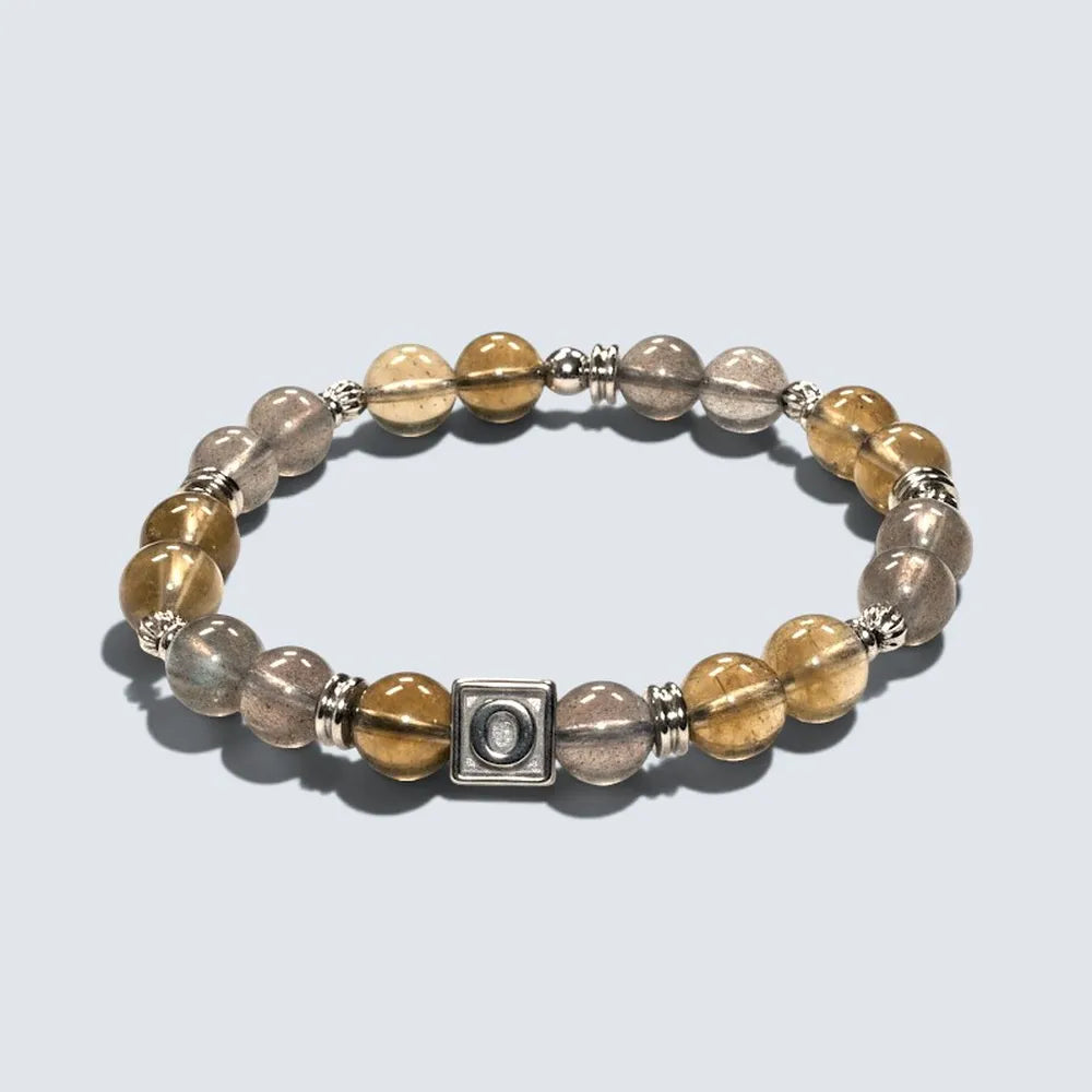 Letter O  | Grey Moonstone & Libyan Desert Glass Bracelet
