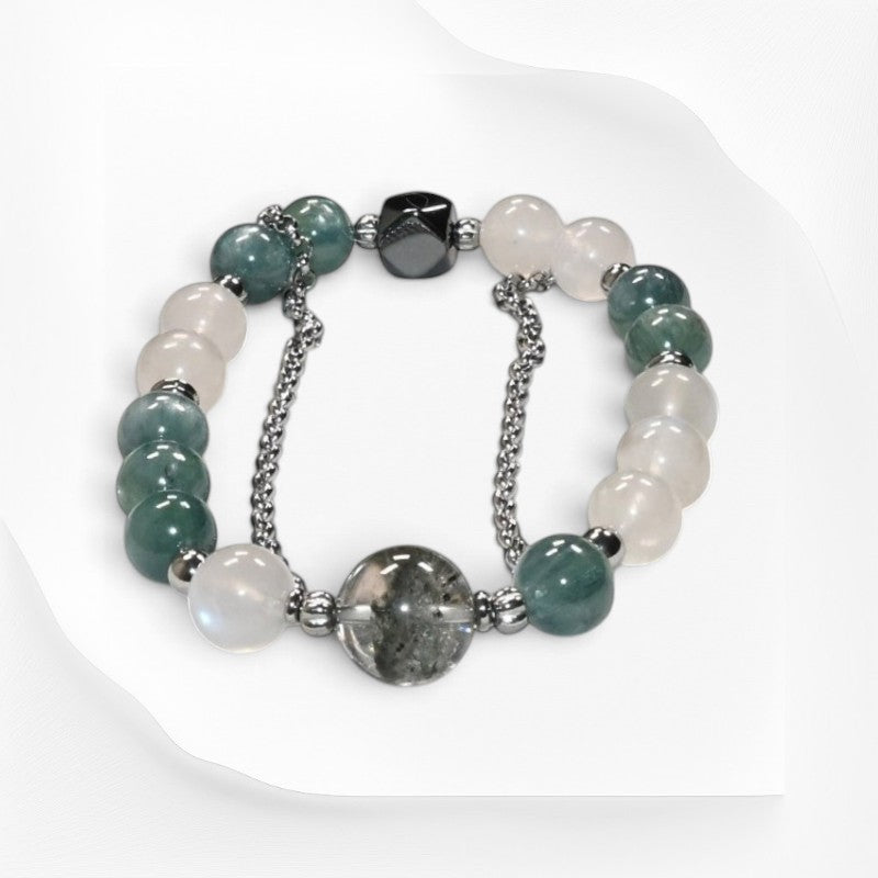 Green Phantom Quartz Charm + Green Kyanite w/ Moonstone Bracelet