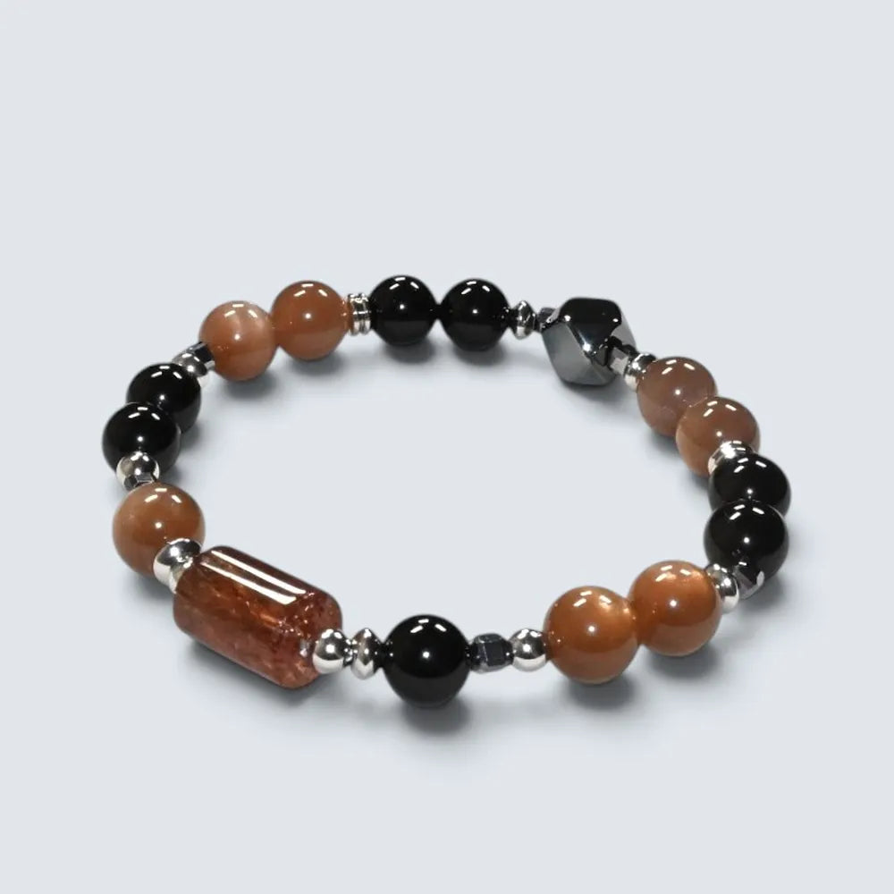 Blackgold Super Seven Quartz Charm + Peach Moonstone w/ Black Tourmaline Quartz Bracelet