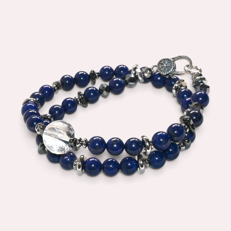 Rainbow Clear Quartz Charm w/ Lapis Lazuli Dual -Loop Bracelet