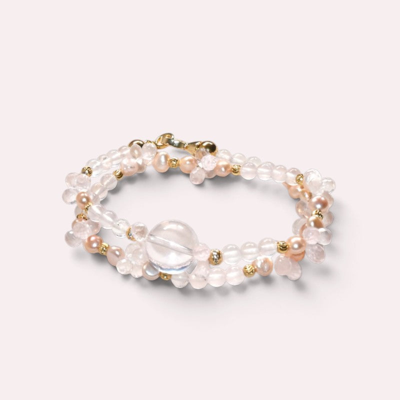 Mozambique Rose Quartz w/ Freshwater Pearl Dual- Loop Bracelet