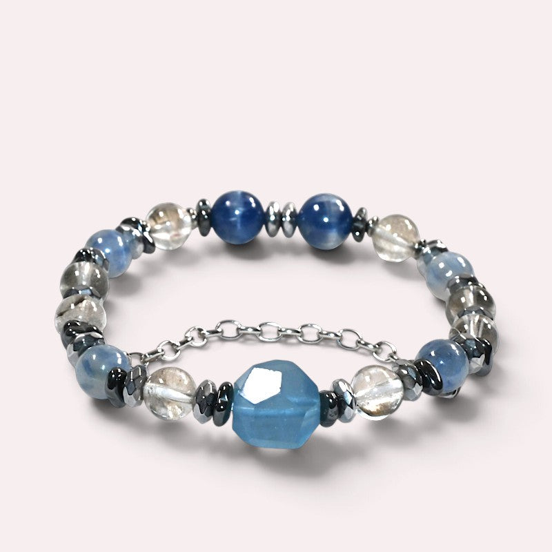 Aquamarine Charm + Kyanite w/ Brookite in Quartz Bracelet