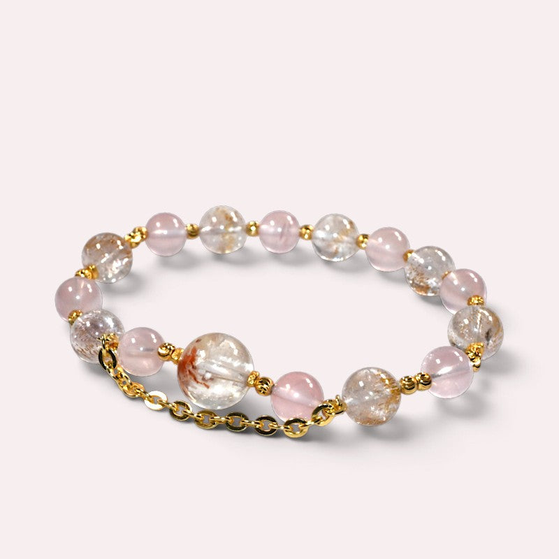 White Rabbit Fur Quartz Charm + Golden Super Seven Quartz w/ Mozambique Rose Quartz Bracelet