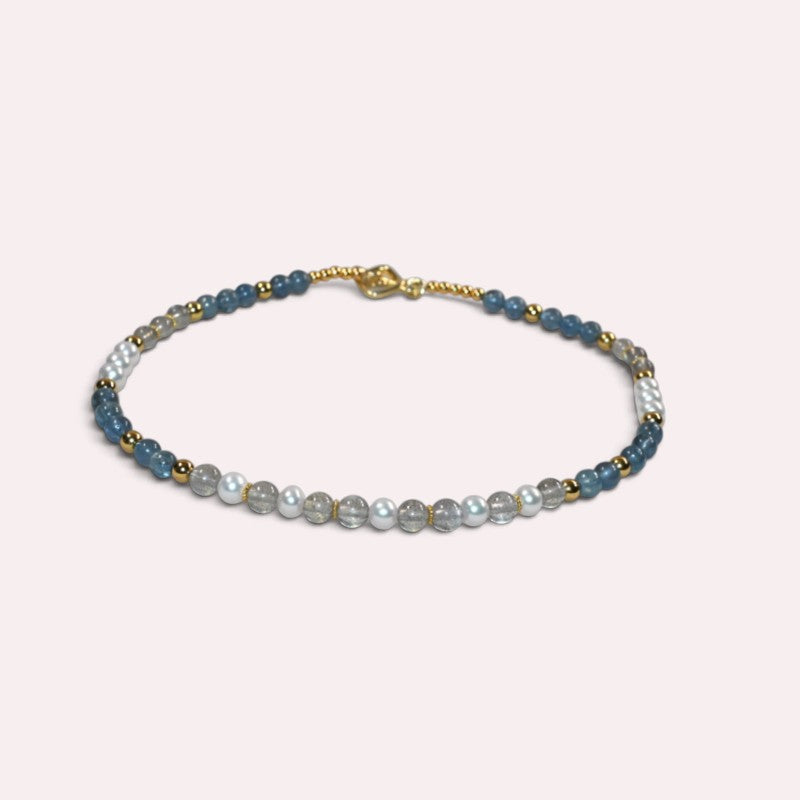 Devil's Aquamarine + Grey Moonstone w/ Freshwater Pearl Anklet