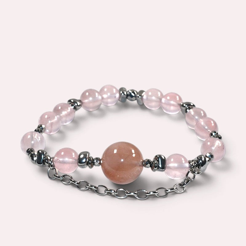 Pink Rabbit Fur Quartz Charm w/ Mozambique Rose Quartz Bracelet