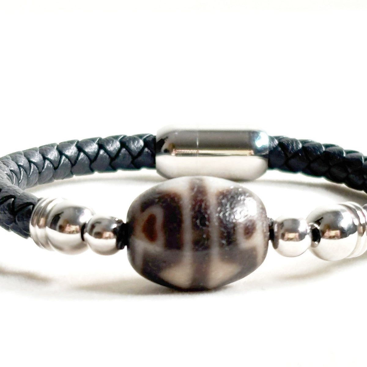 Lotus Tiger Tooth Dzi Bead w/ Leather Bangle