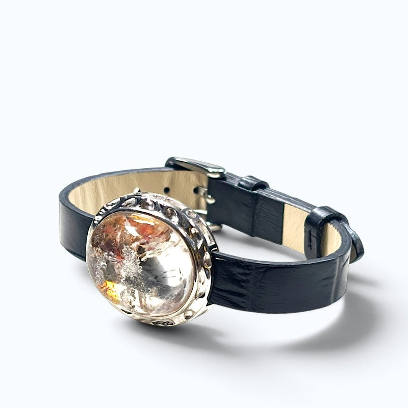 Rainbow Inclusion Quartz w/ Hematoid Quartz Leather Bracelet
