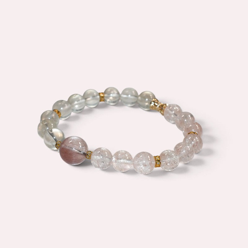 Pink Rabbit Fur Quartz Charm + Pink Azeztulite w/ White Sunstone Bracelet
