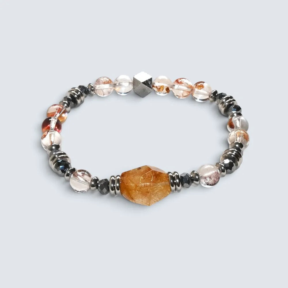 Golden Rutilated Quartz Charm + Hematoid Quartz w/ Sweden Meteorite Bracelet