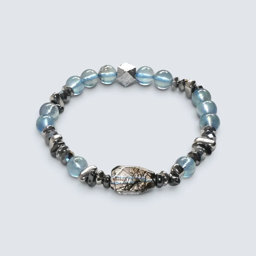 Black Rutilated Quartz Charm + Aquamarine Phantom Quartz  w/ Meteorite Bracelet