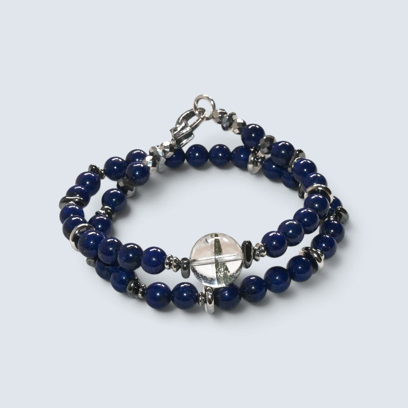 Green Phantom Quartz Charm w/ Lapis Lazuli Dual -Loop Bracelet