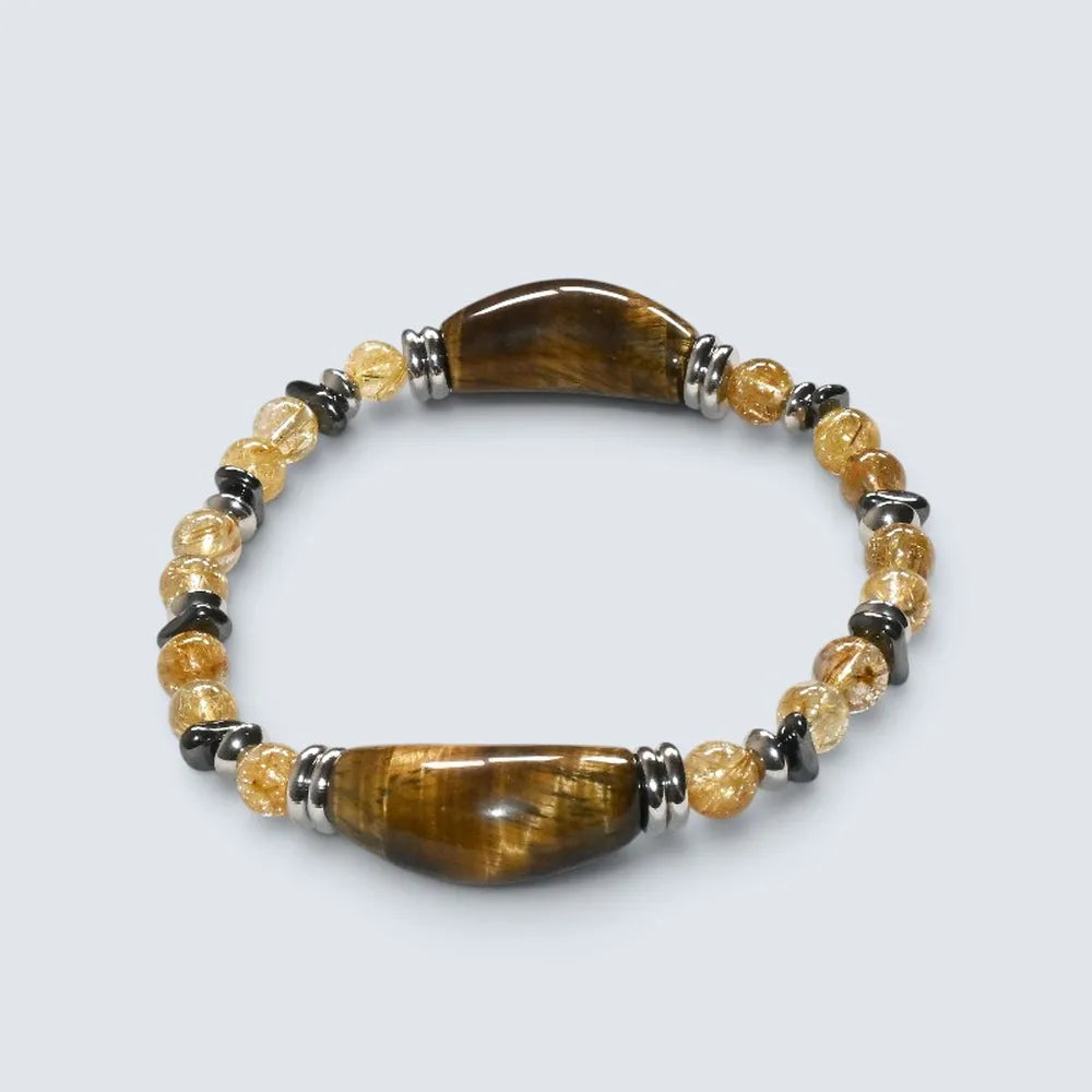 Double Tiger Eye Charm w/ Golden Titanium Rutilated Quartz Bracelet