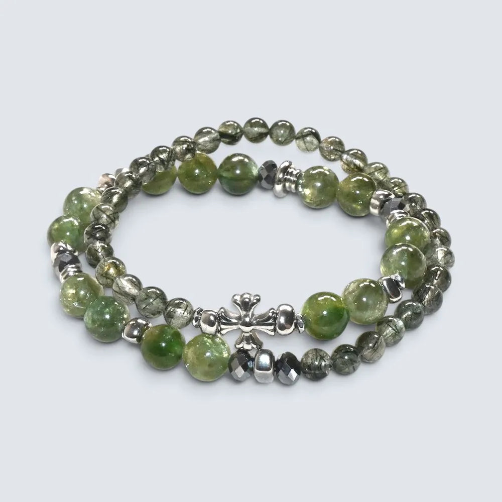 Silver Chrome Heart Cross Charm + Green Lepidolite Quartz w/ Green Rutilated Quartz Bracelet