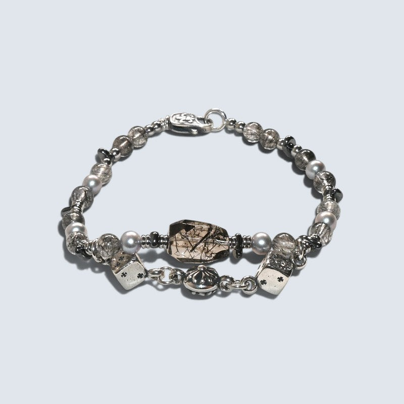 Black Rutilated Quartz Charm + Black Rutilated Quartz w/ Akoya Pearl Bracelet