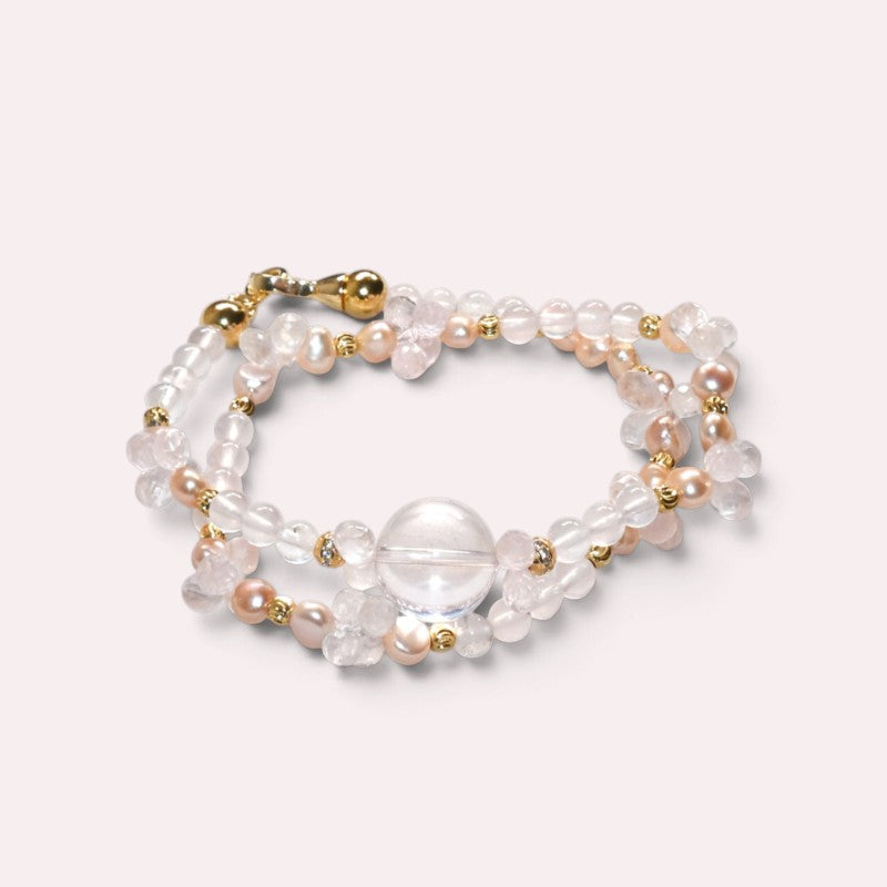 Mozambique Rose Quartz w/ Freshwater Pearl Dual- Loop Bracelet