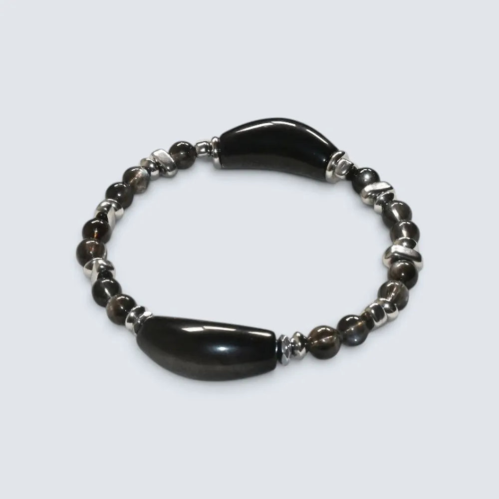 Double Silver Obsidian Charm w/ Black Skeletal Sunstone Bracelet