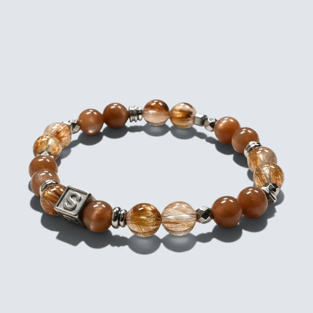 Letter S | Peach Moonstone & Golden Titanium Rutilated Quartz Bracelet