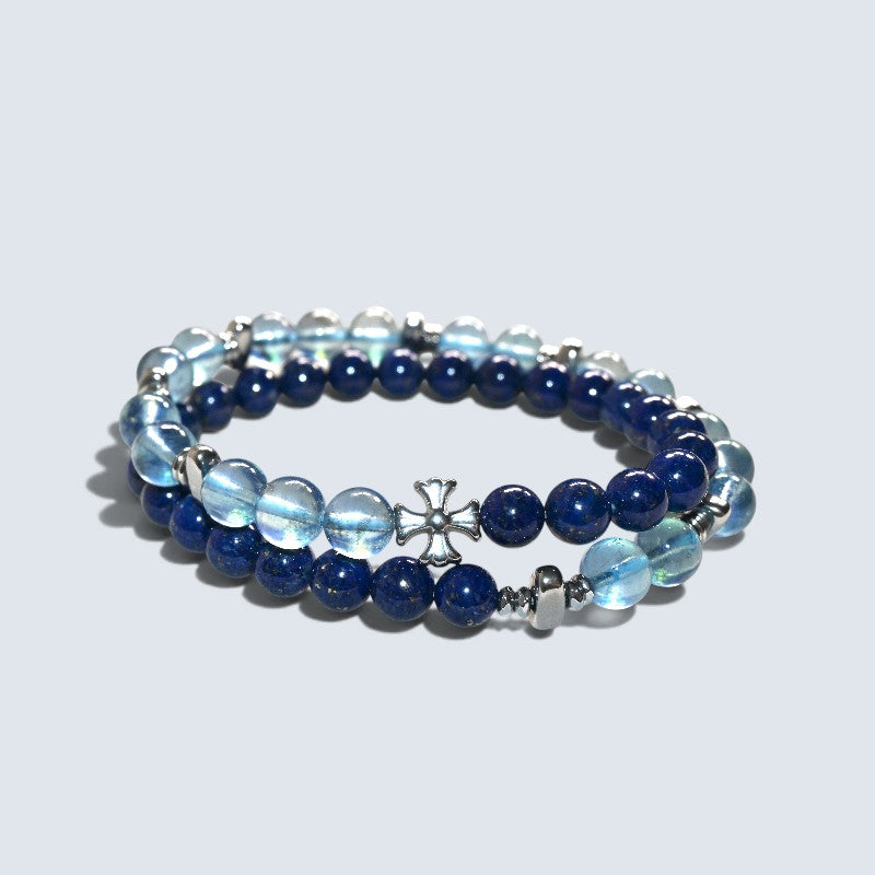 Silver Chrome Heart Cross Charm + Aquamarine Phantom Quartz w/ Lapis Lazuli Bracelet