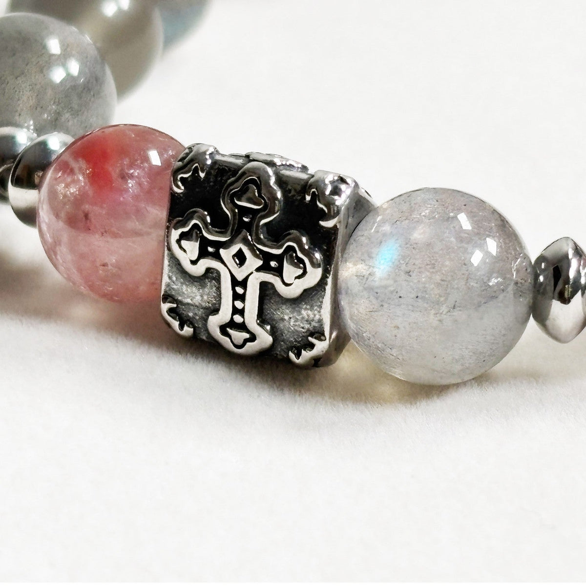 Silver Chrome Heart Cross Charm + Auralite 23 w/ Labradorite Bracelet
