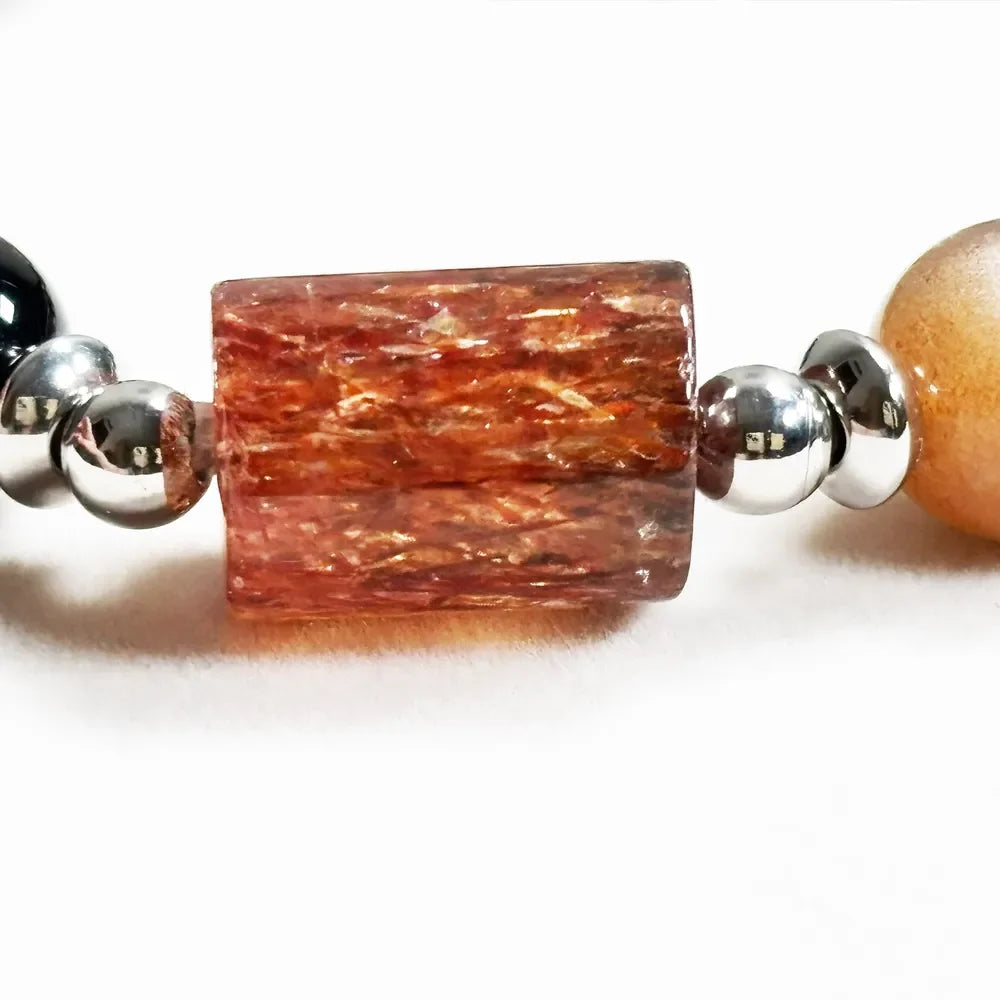 Blackgold Super Seven Quartz Charm + Peach Moonstone w/ Black Tourmaline Quartz Bracelet