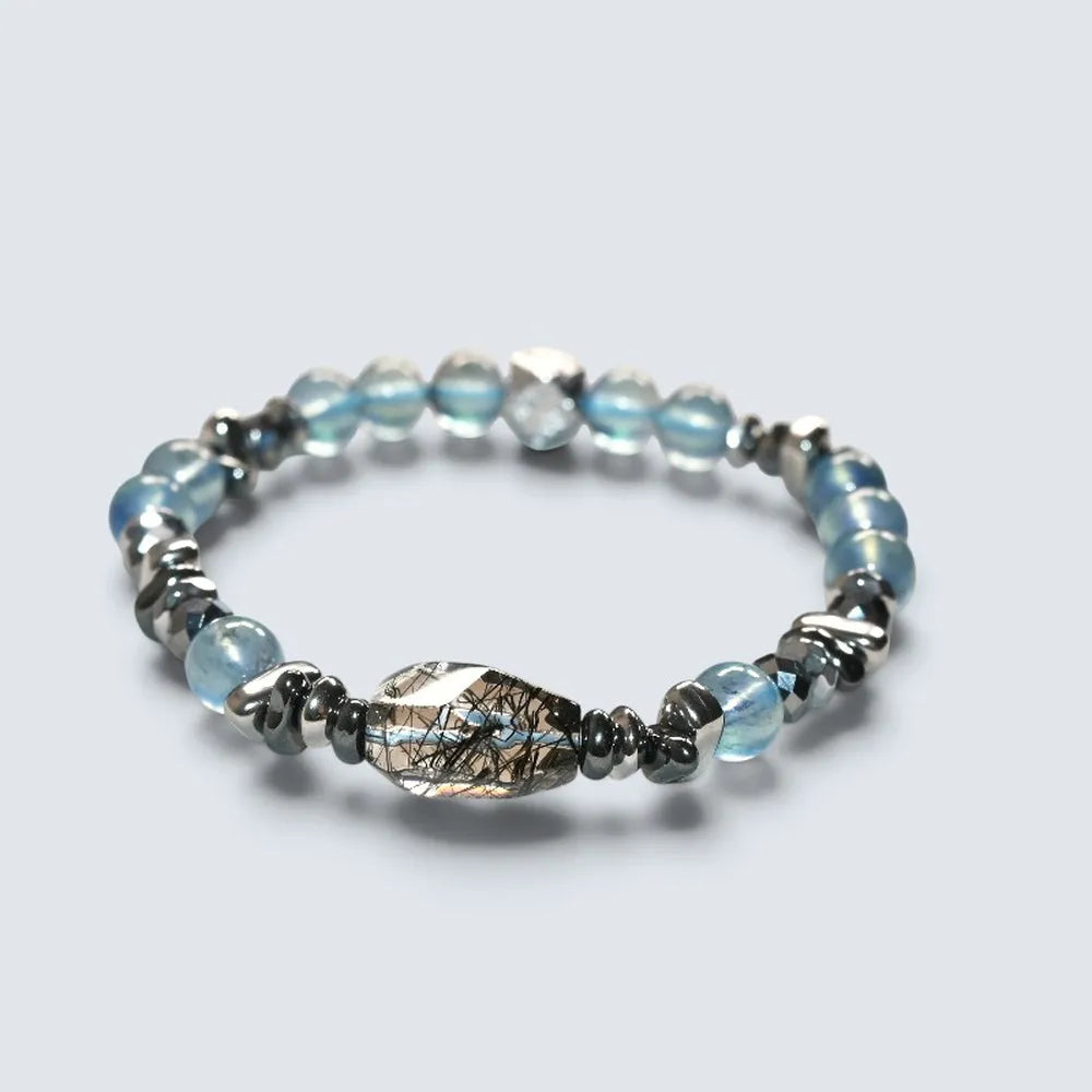 Black Rutilated Quartz Charm + Aquamarine Phantom Quartz  w/ Meteorite Bracelet