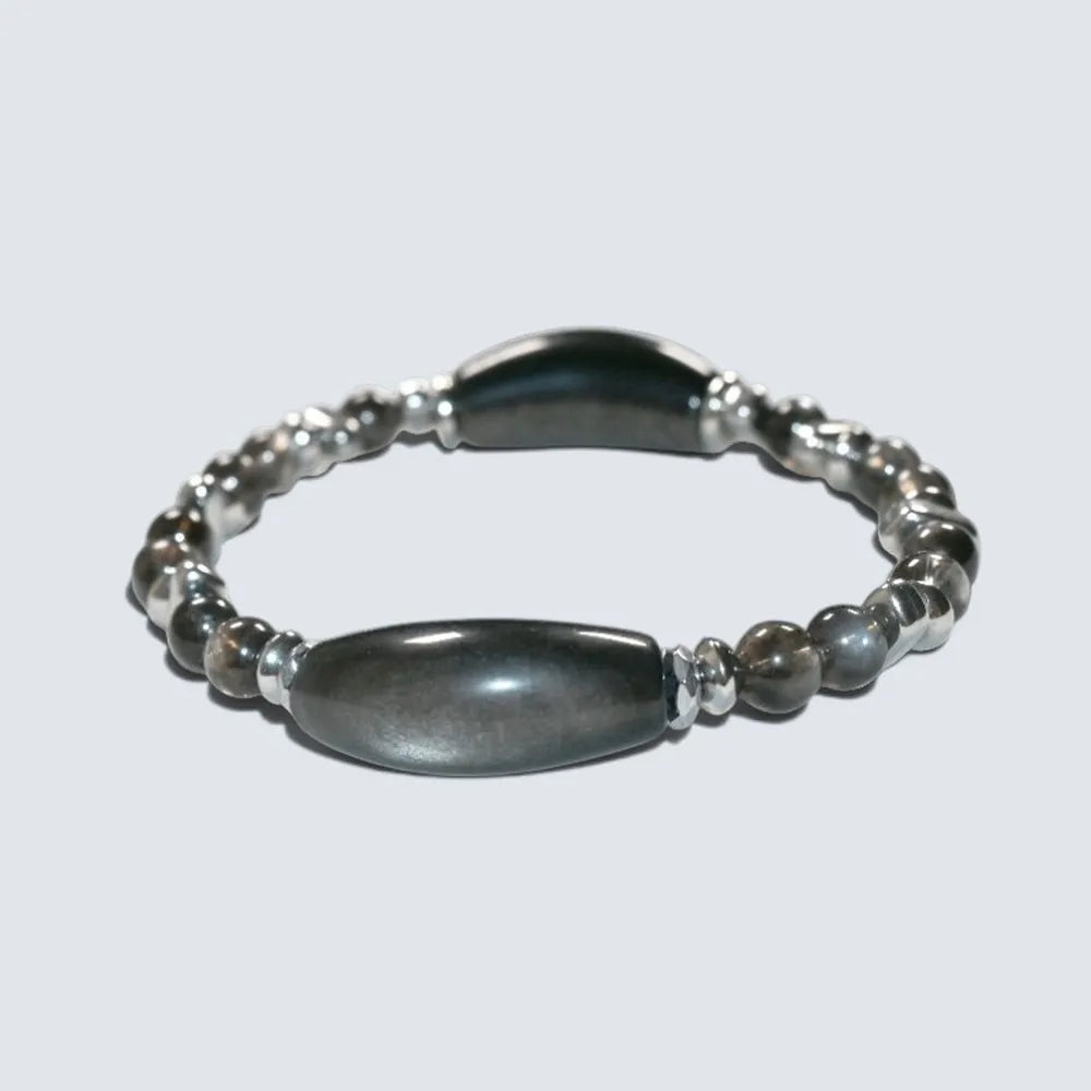 Double Silver Obsidian Charm w/ Black Skeletal Sunstone Bracelet