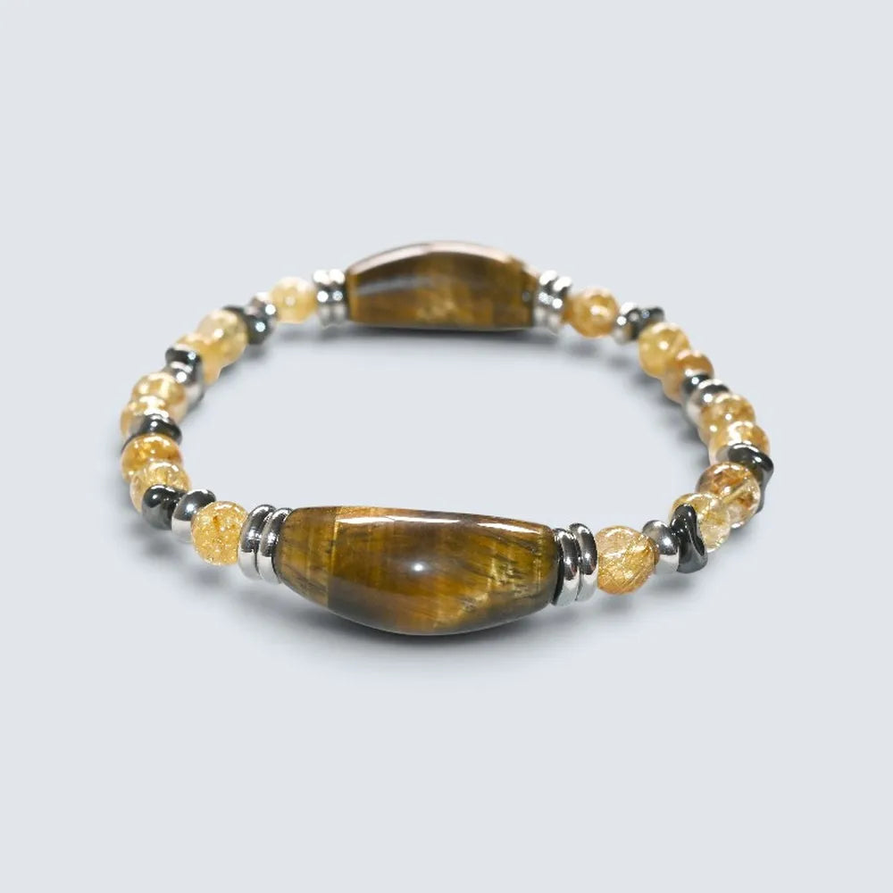 Double Tiger Eye Charm w/ Golden Titanium Rutilated Quartz Bracelet