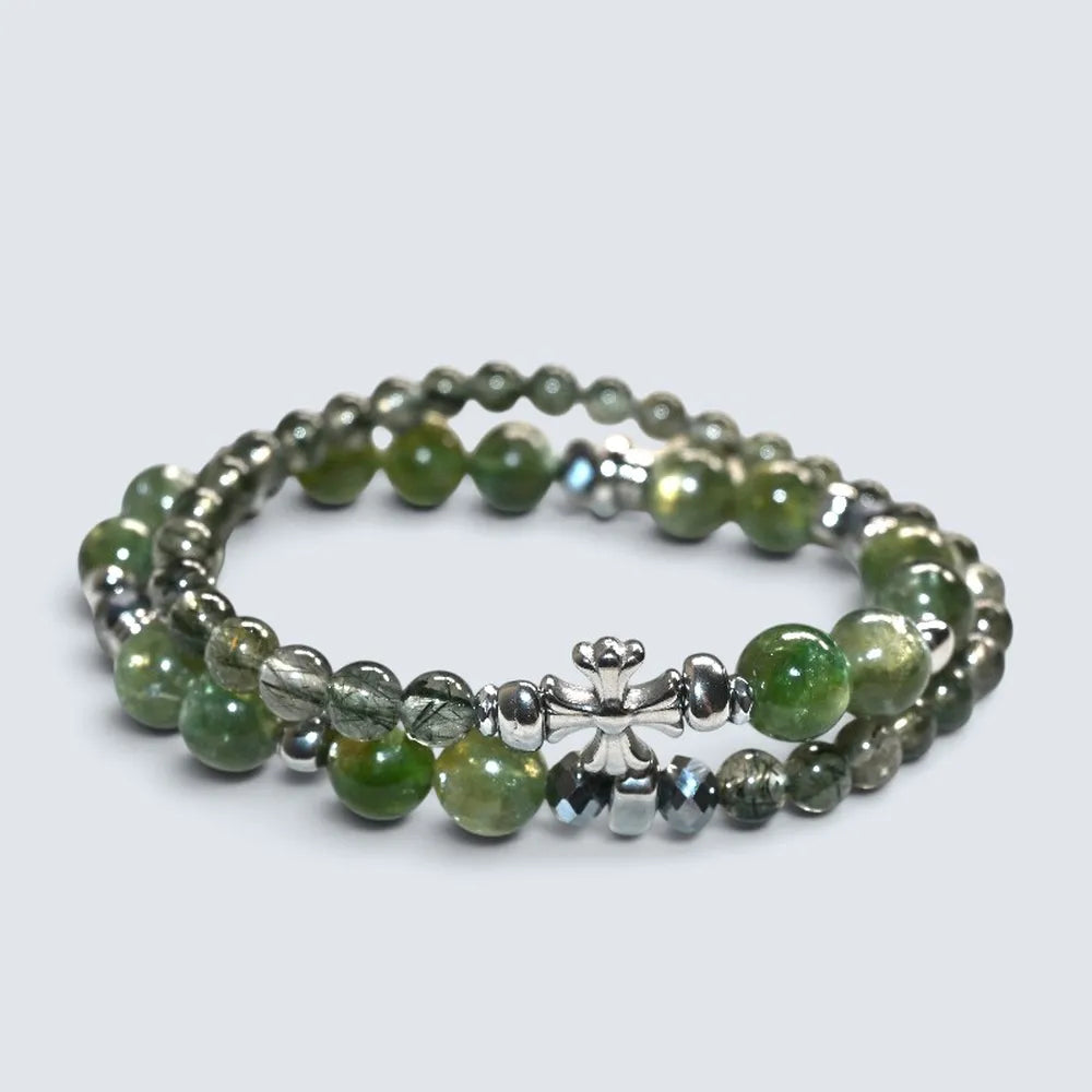 Silver Chrome Heart Cross Charm + Green Lepidolite Quartz w/ Green Rutilated Quartz Bracelet