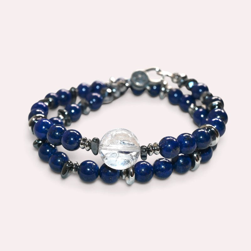 Rainbow Clear Quartz Charm w/ Lapis Lazuli Dual -Loop Bracelet