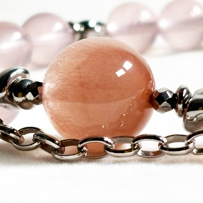 Pink Rabbit Fur Quartz Charm w/ Mozambique Rose Quartz Bracelet