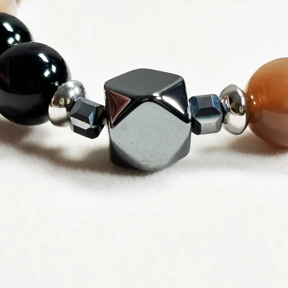 Blackgold Super Seven Quartz Charm + Peach Moonstone w/ Black Tourmaline Quartz Bracelet