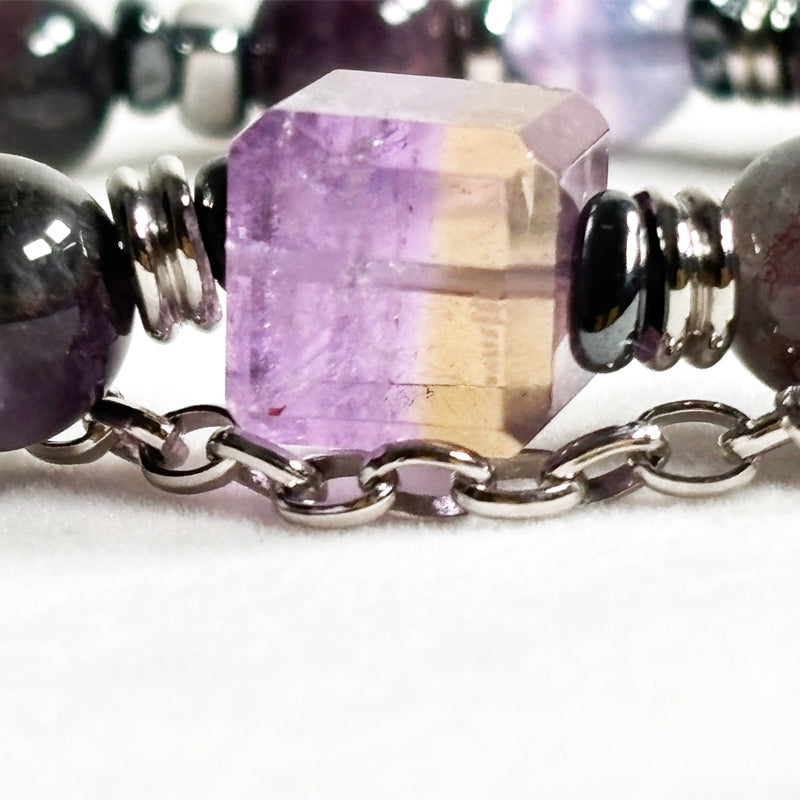 Ametrine Charm + Fluorite Pyrite w/ Eye Auralite Quartz Bracelet