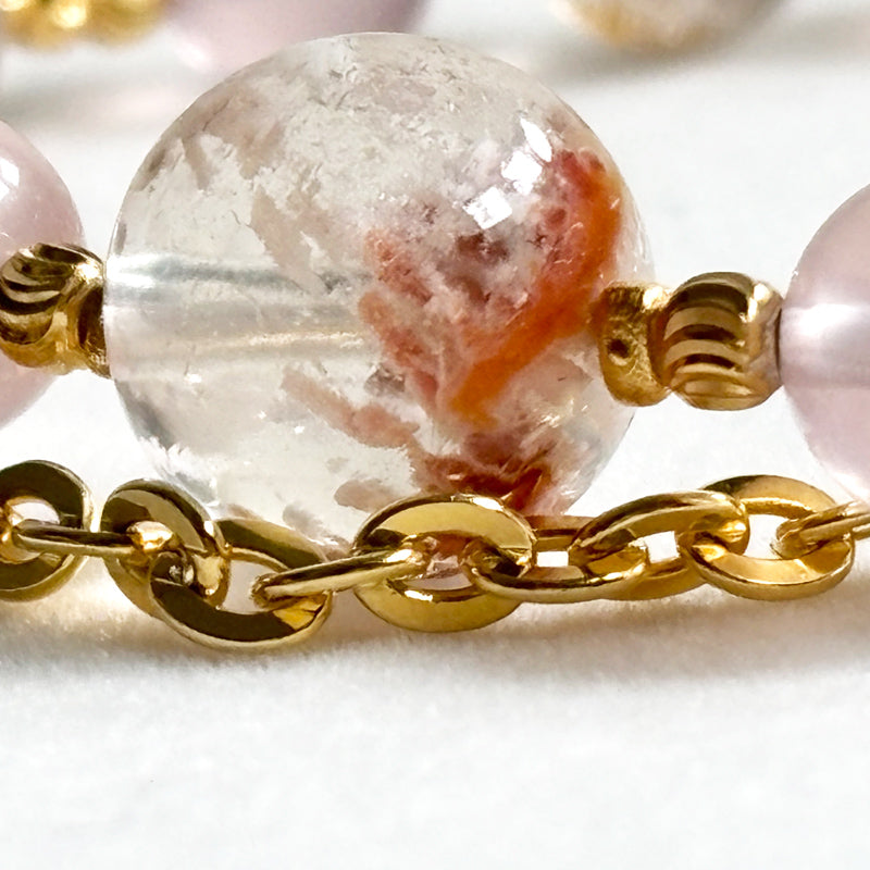 White Rabbit Fur Quartz Charm + Golden Super Seven Quartz w/ Mozambique Rose Quartz Bracelet