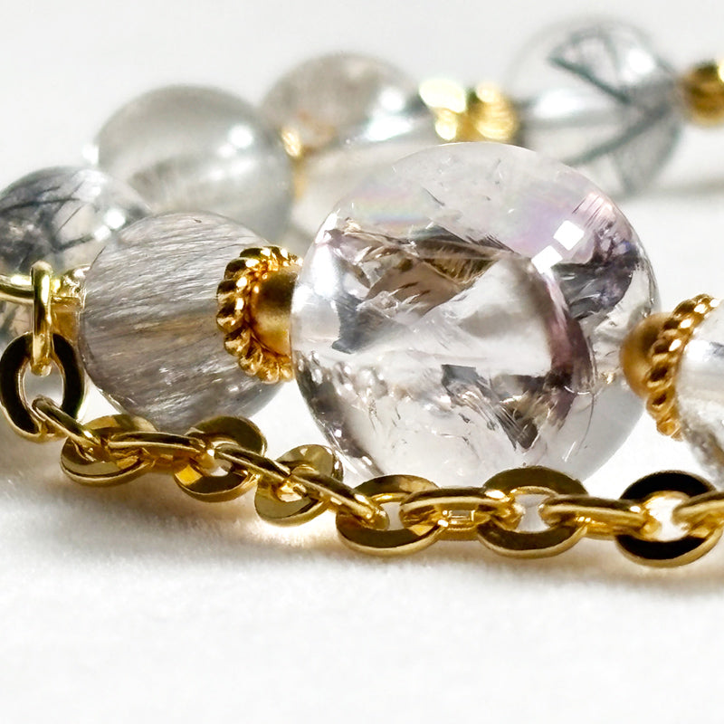 Rainbow Clear Quartz Charm + Black Rutilated Quartz w/ Brookite in Quartz Bracelet