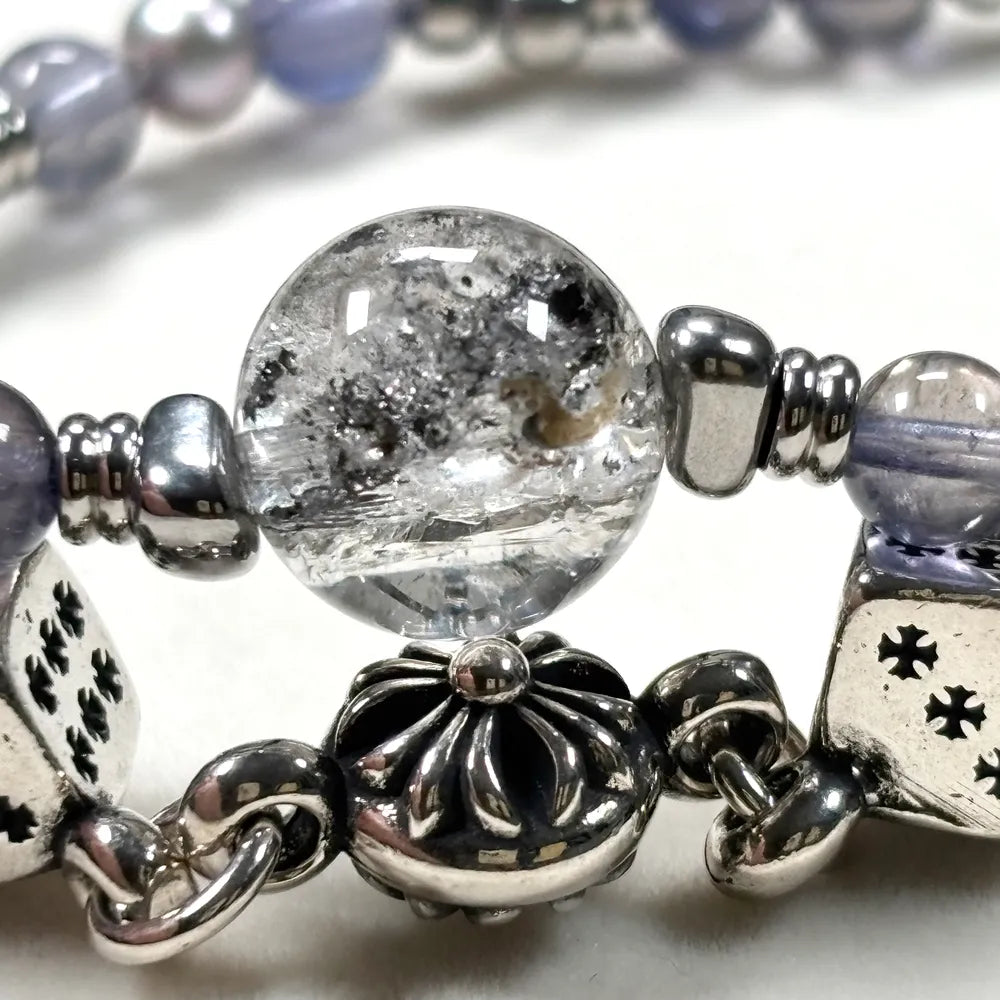 Black Herkimer Diamond Charm + Iolite w/ Akoya Pearl Bracelet