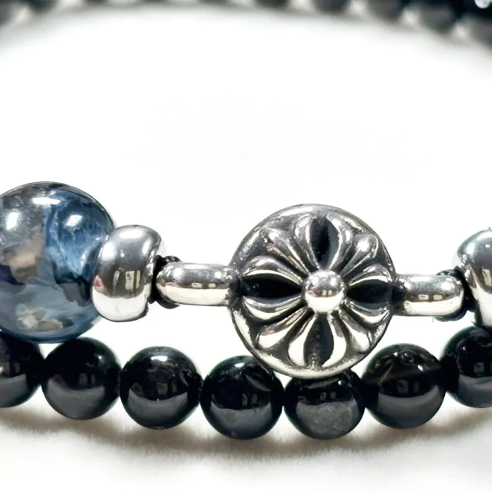 Silver Chrome Heart Charm + Pietersite w/ Hypersthene Bracelet