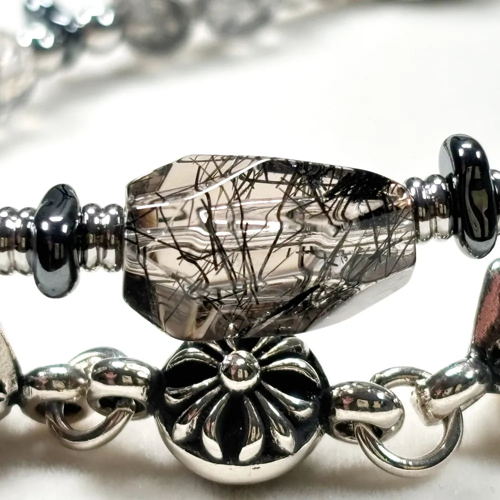 Black Rutilated Quartz Charm + Black Rutilated Quartz w/ Akoya Pearl Bracelet