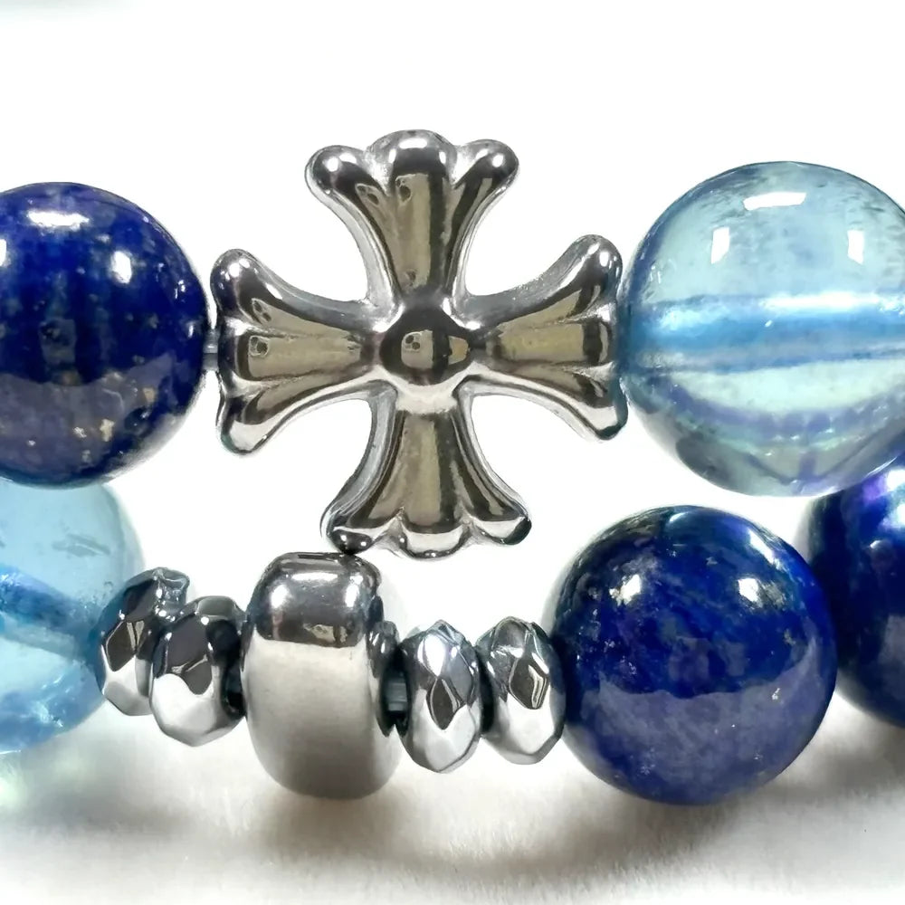 Silver Chrome Heart Cross Charm + Aquamarine Phantom Quartz w/ Lapis Lazuli Bracelet