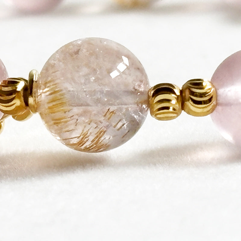 White Rabbit Fur Quartz Charm + Golden Super Seven Quartz w/ Mozambique Rose Quartz Bracelet