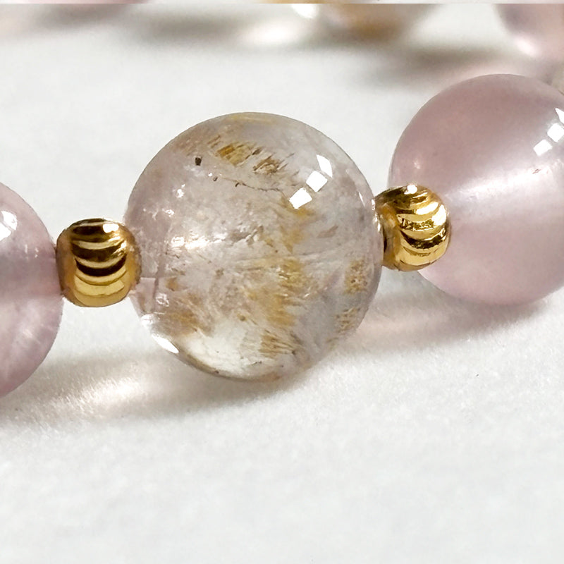 White Rabbit Fur Quartz Charm + Golden Super Seven Quartz w/ Mozambique Rose Quartz Bracelet