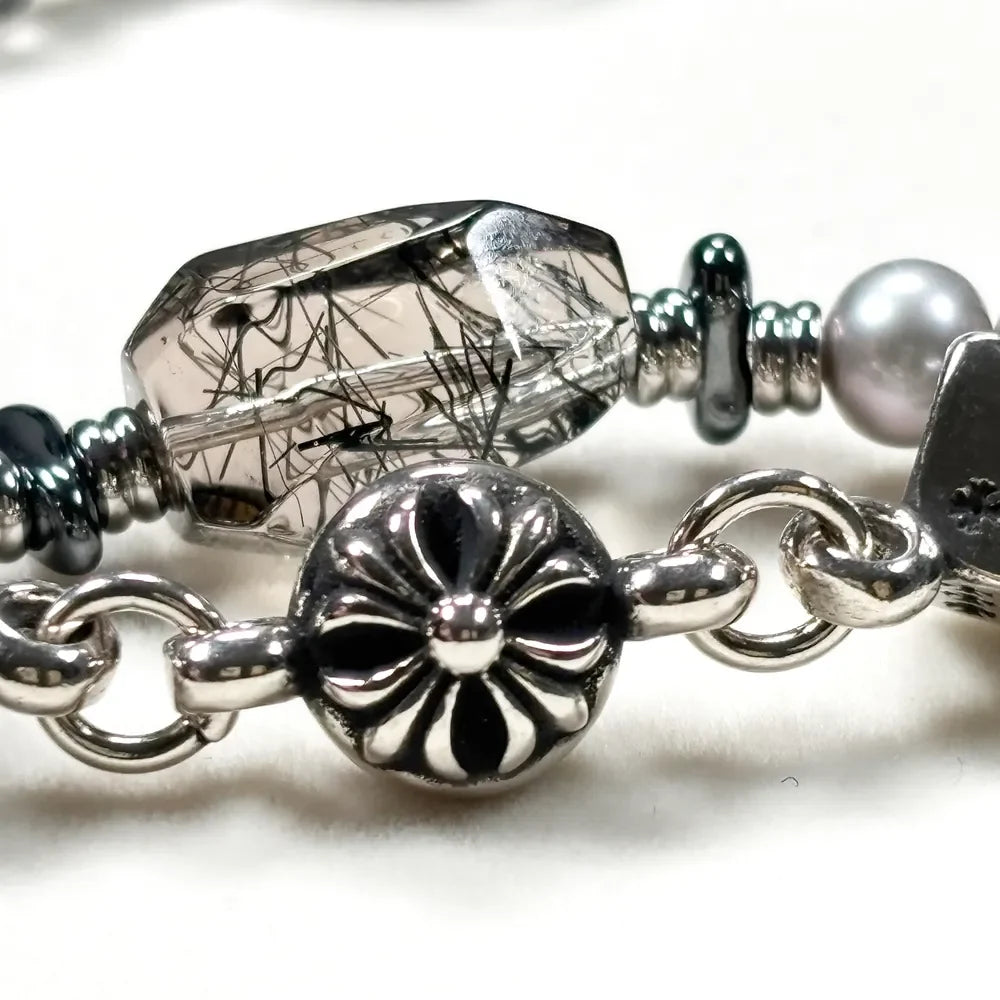 Black Rutilated Quartz Charm + Black Rutilated Quartz w/ Akoya Pearl Bracelet