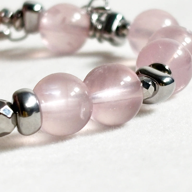 Pink Rabbit Fur Quartz Charm w/ Mozambique Rose Quartz Bracelet