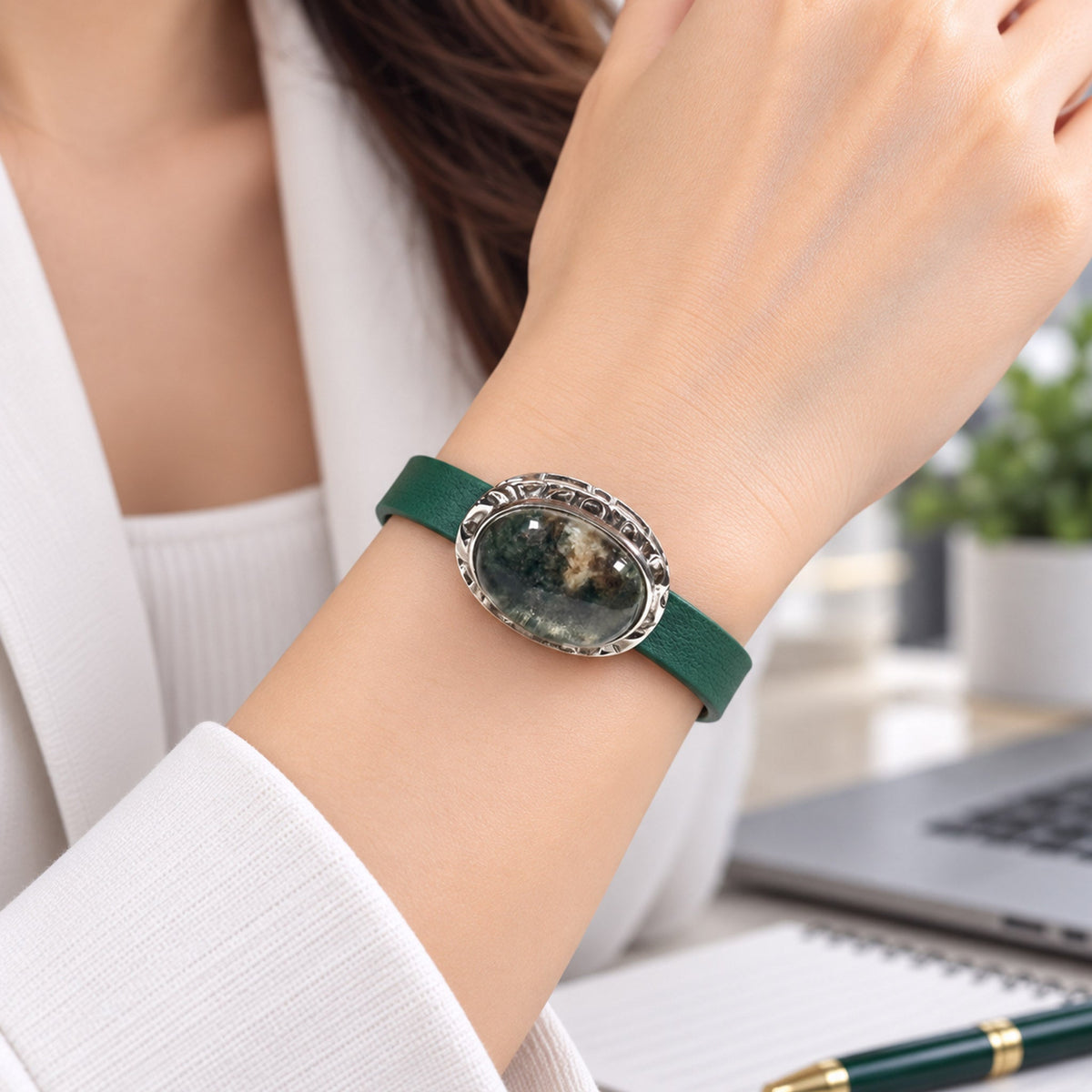 Green Phantom Quartz Leather Bracelet