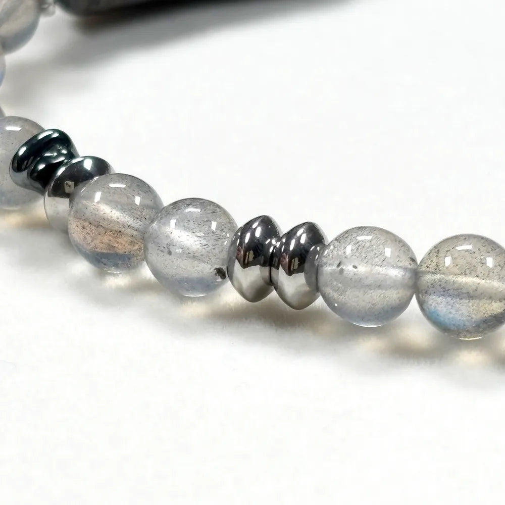Double Silver Obsidian Charm w/  Grey Moonstone Bracelet
