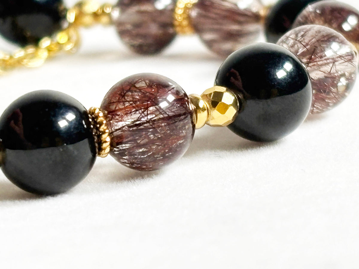 Copper Rutilated Quartz Charm + Red Copper Rutilated Quartz w/ Black Tourmaline Bracelet