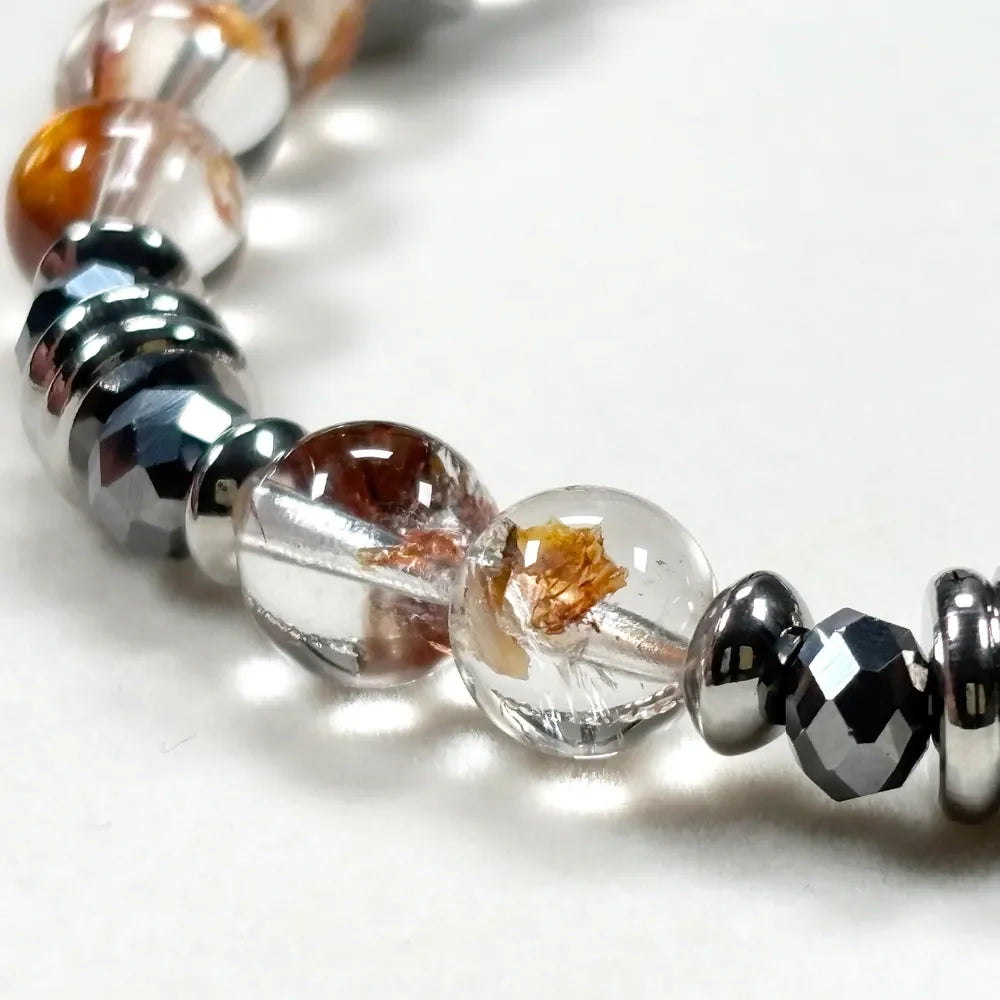 Golden Rutilated Quartz Charm + Hematoid Quartz w/ Sweden Meteorite Bracelet