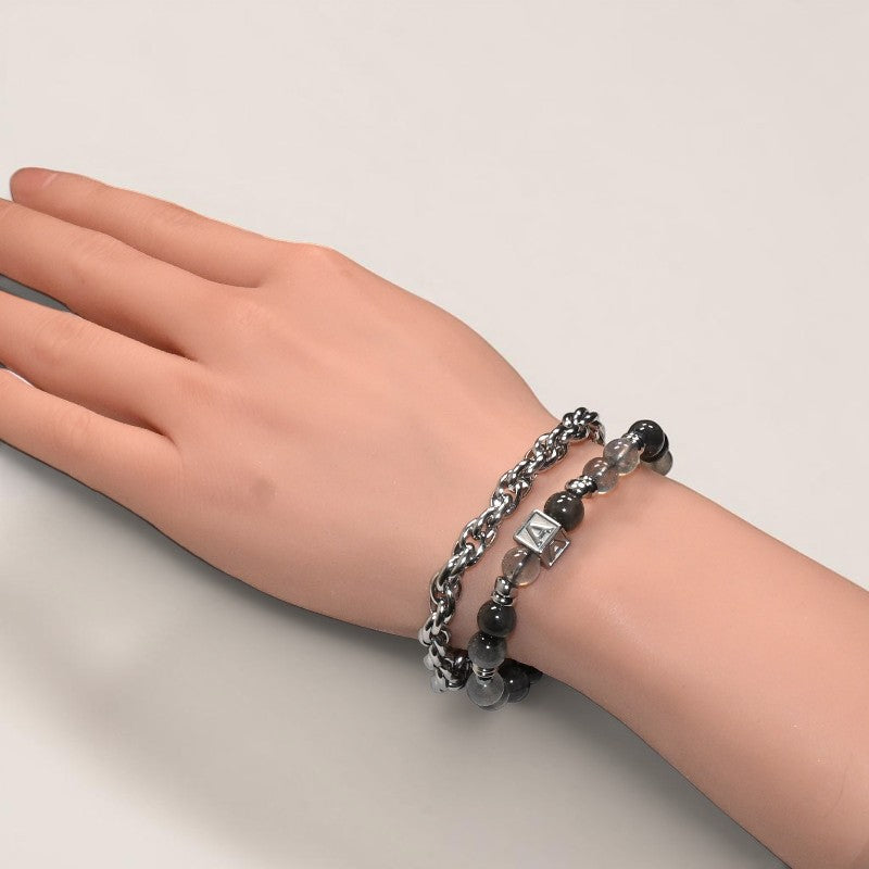 Letter A | Grey Moonstone & Black Auralite Bracelet